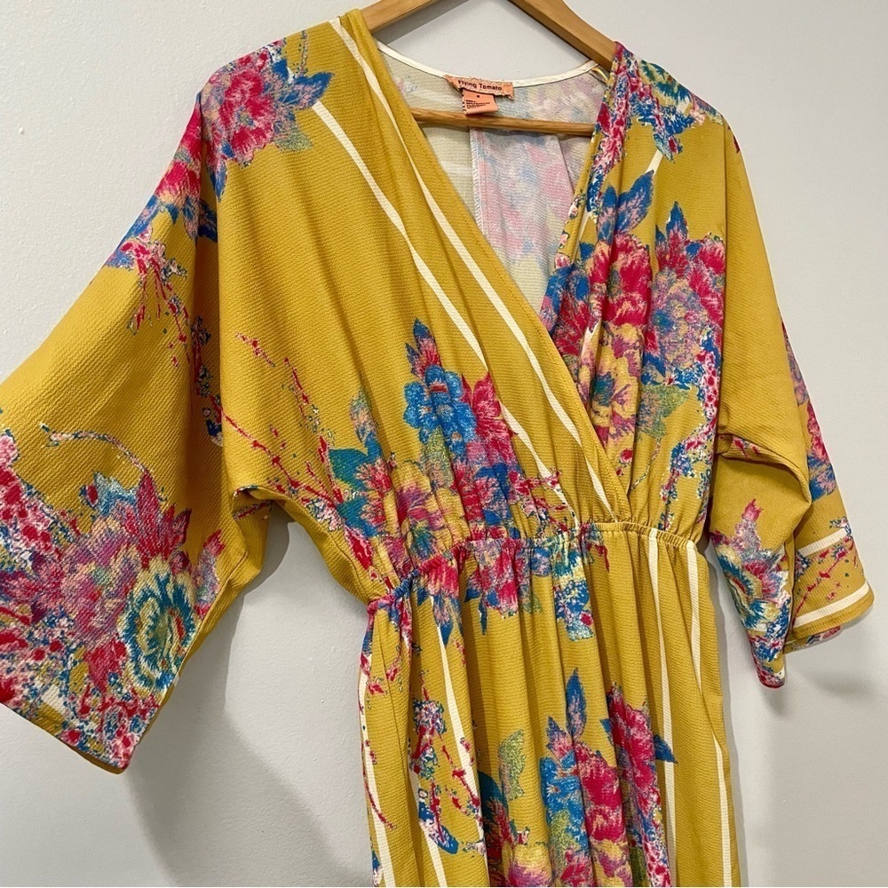 Flying Tomato Mustard Yellow Floral Maxi Romper Jumpsuit Wide Leg Kimono Sleeves - Picture 8 of 8